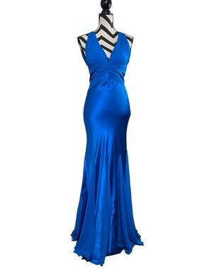 Cache 100% Silk Royal Blue Sz 0 Deep-V Halter Neck Mermaid Prom Maxi Gown